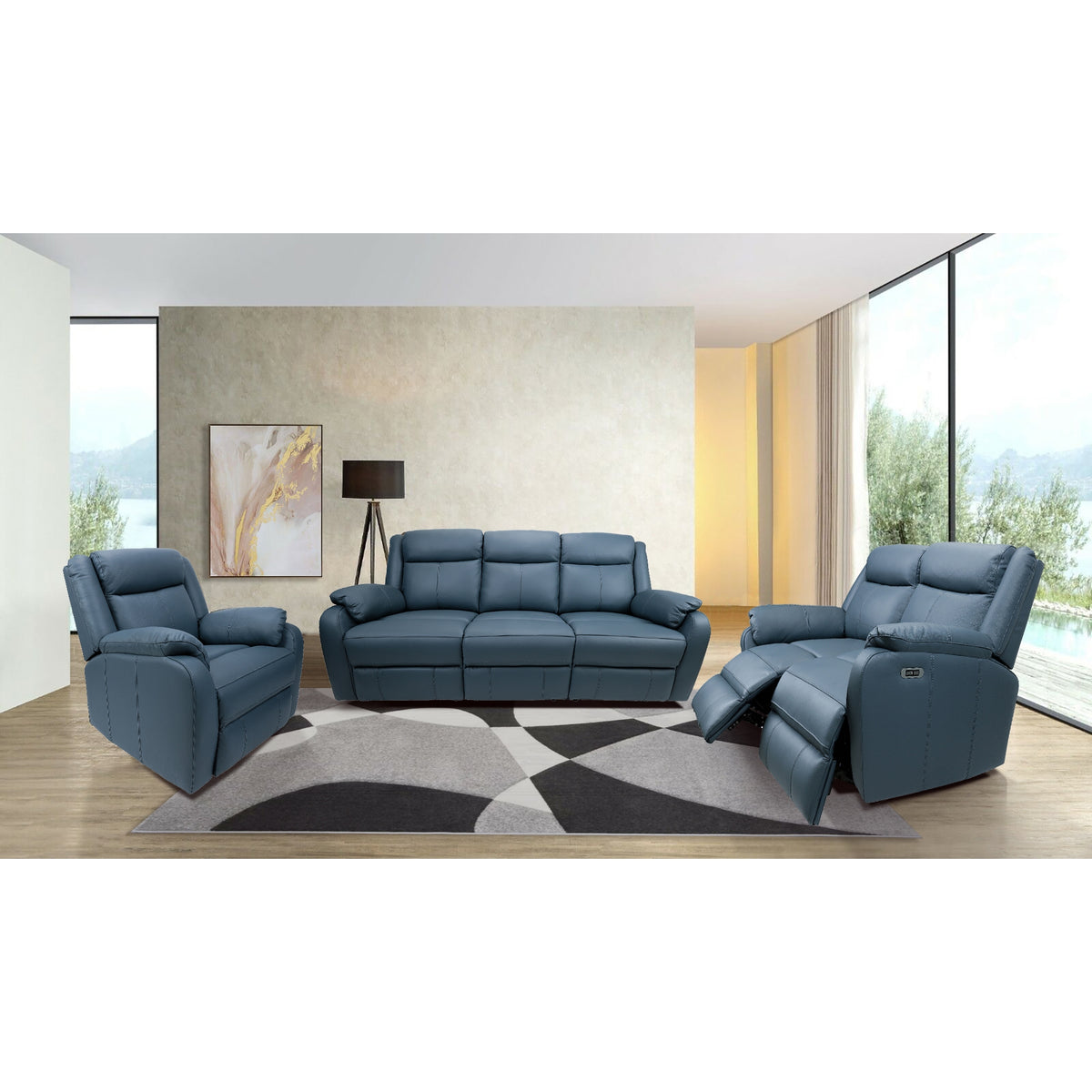 Bella 3+1+1 Seater Leather Electric Recliner Sofa Lounge Blue