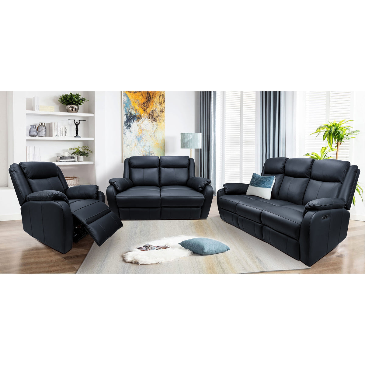 Bella 3+2+1 Seater Leather Electric Recliner Sofa Lounge Black