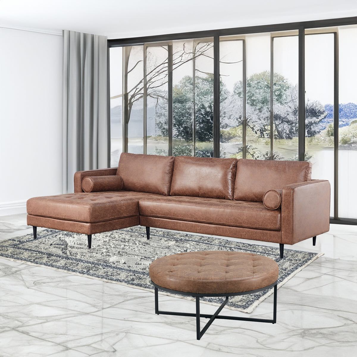 Chelsea Fabric Ottoman Dark  Brown Round