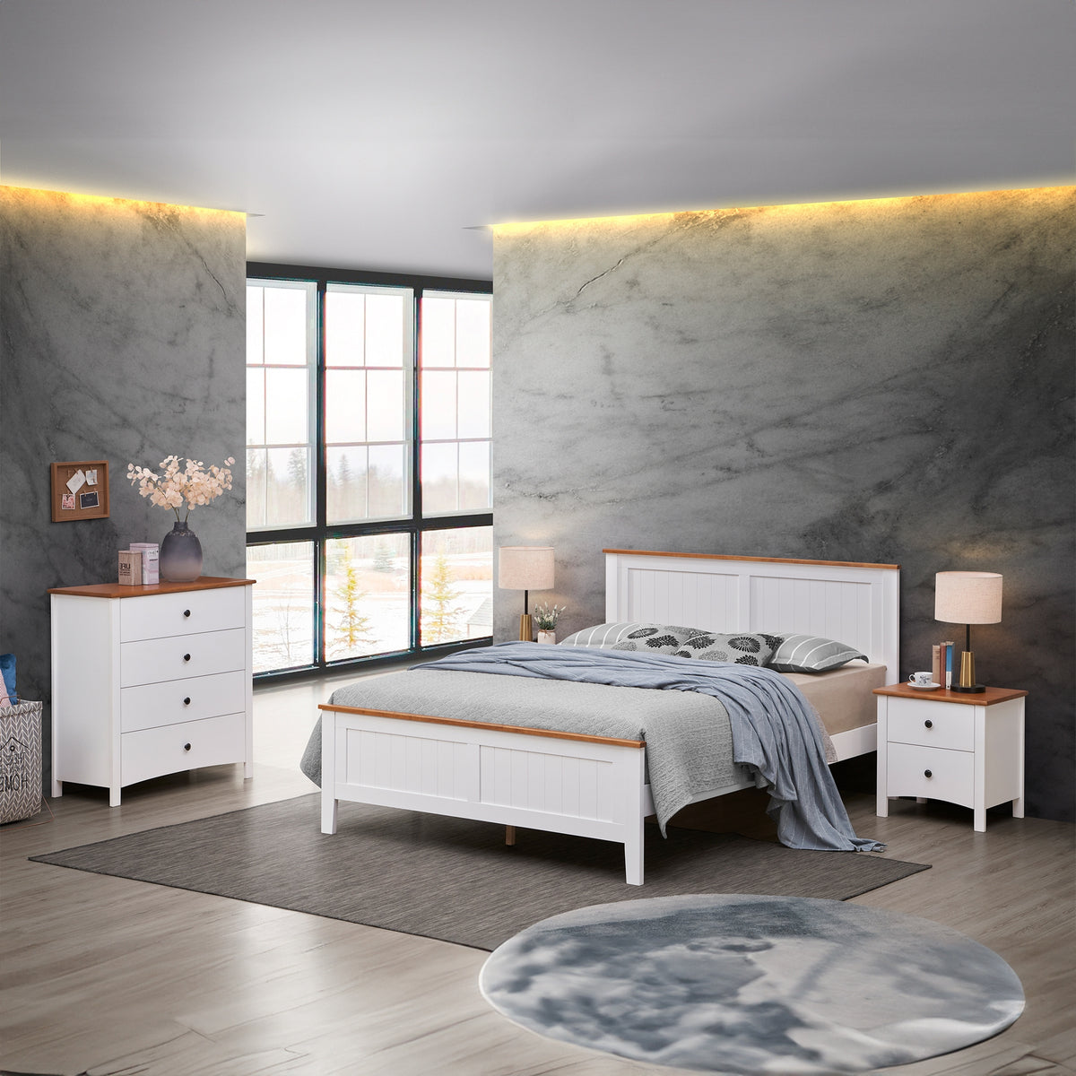 Harbourview 4pc Set Double Bedroom Suite Bed Frame Bedside Table Tallboy Brown White