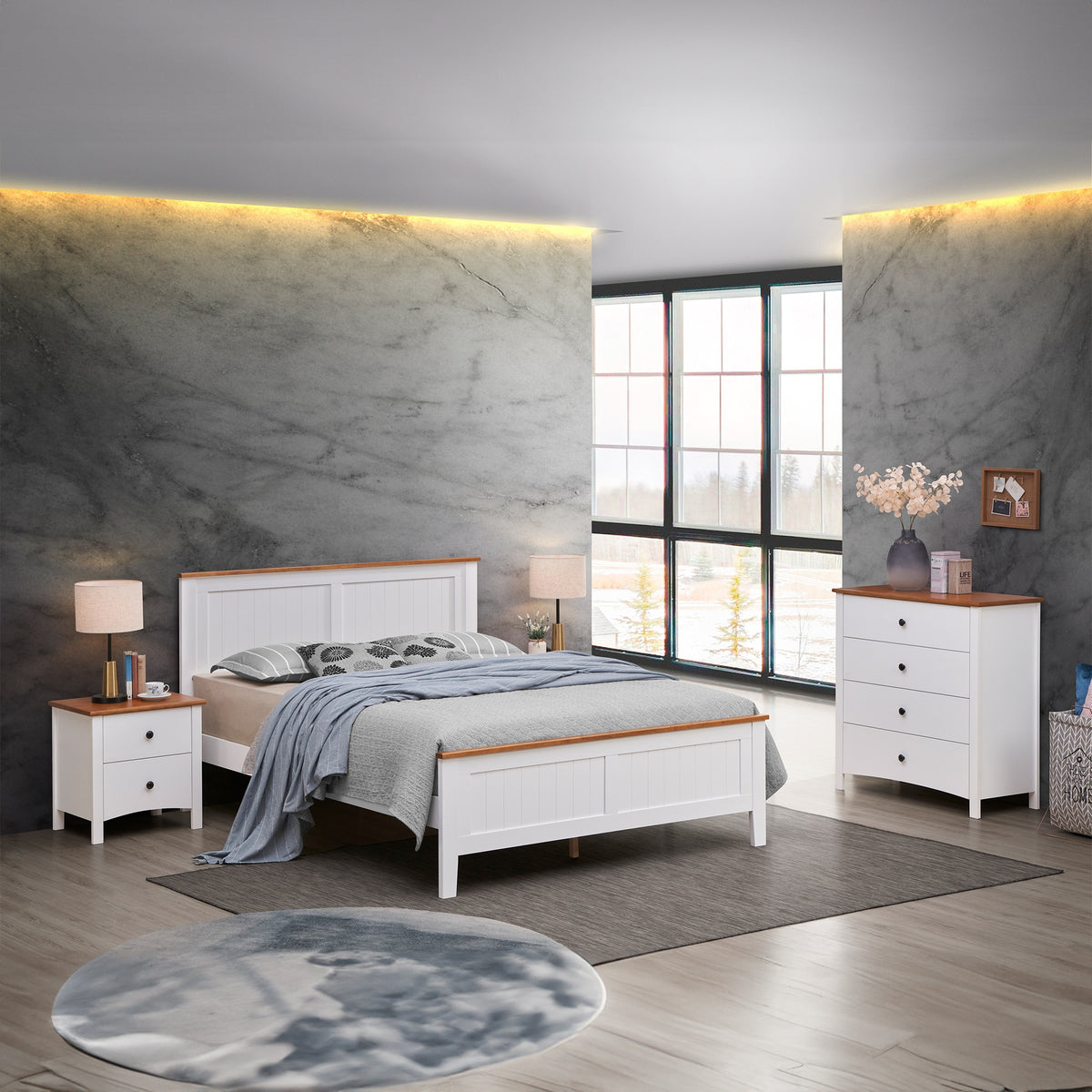 Harbourview 4pc Set Queen Bedroom Suite Bed Frame Bedside Table Tallboy Brown White