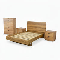 Japandi King Bed Frame Set Bedside Table Tallboy Natural Oak