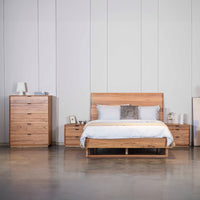 Japandi King Bed Frame Set Bedside Table Tallboy Natural Oak