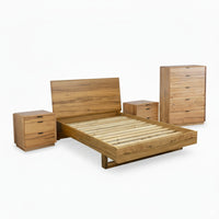 Japandi Queen Bed Frame Set Bedside Table Tallboy Natural Oak