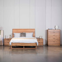 Japandi Queen Bed Frame Set Bedside Table Tallboy Natural Oak