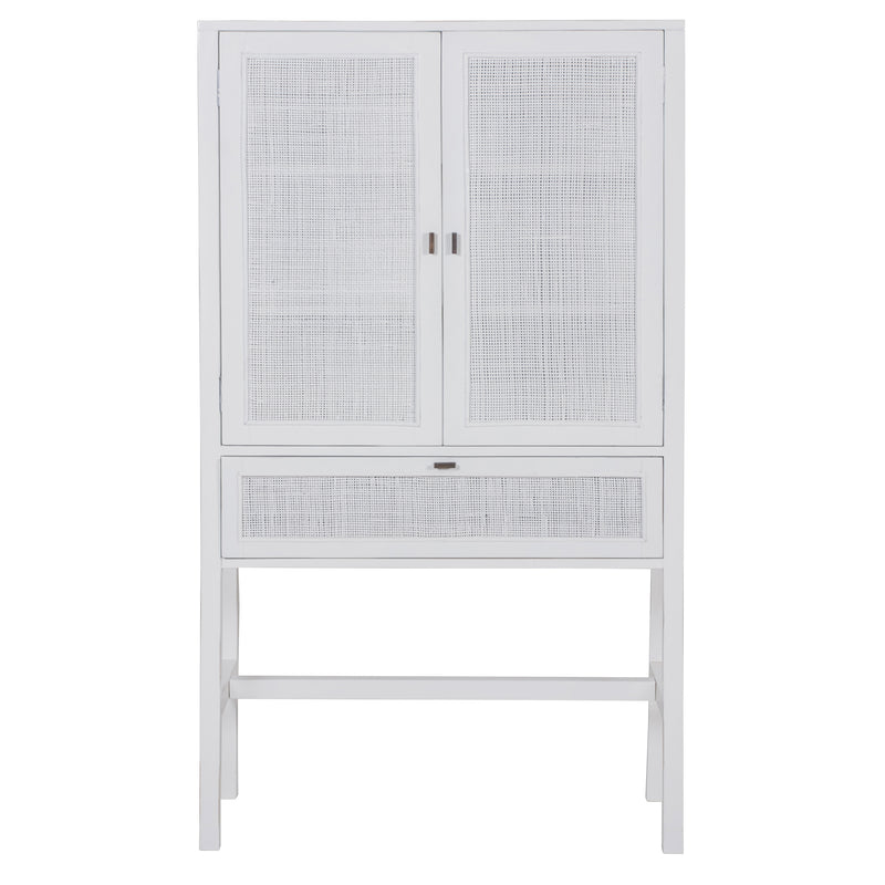 Jasmine Tall Storage Cabinet 90cm 2 Door 1 Drawer Mindi Wood Rattan - White