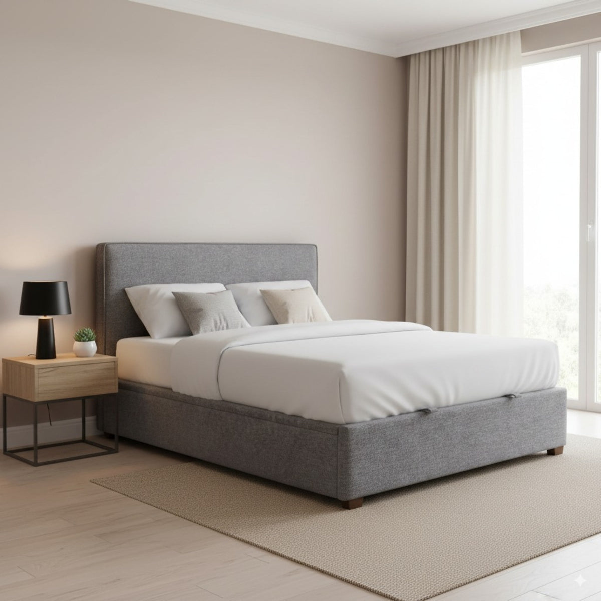 Lenna King Bed Frame Gaslift Storage Fabric Upholstery Steel Grey