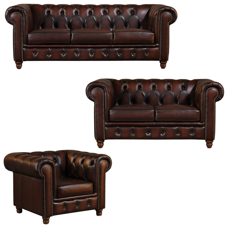 Max Chesterfield Leather Sofa 1+2+3 Sofa Set Antique Brown
