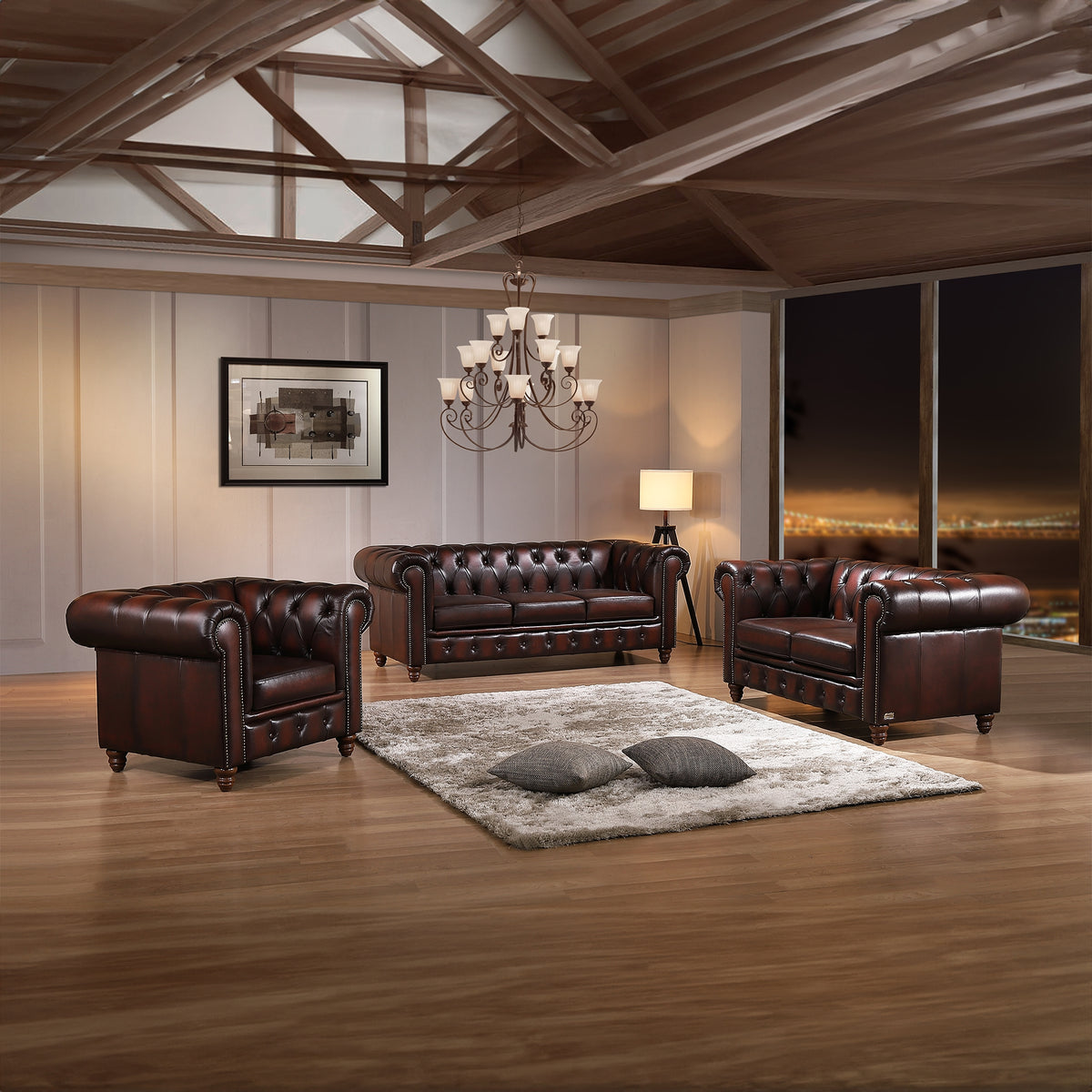 Max Chesterfield Leather Sofa 1+2+3 Sofa Set Antique Brown