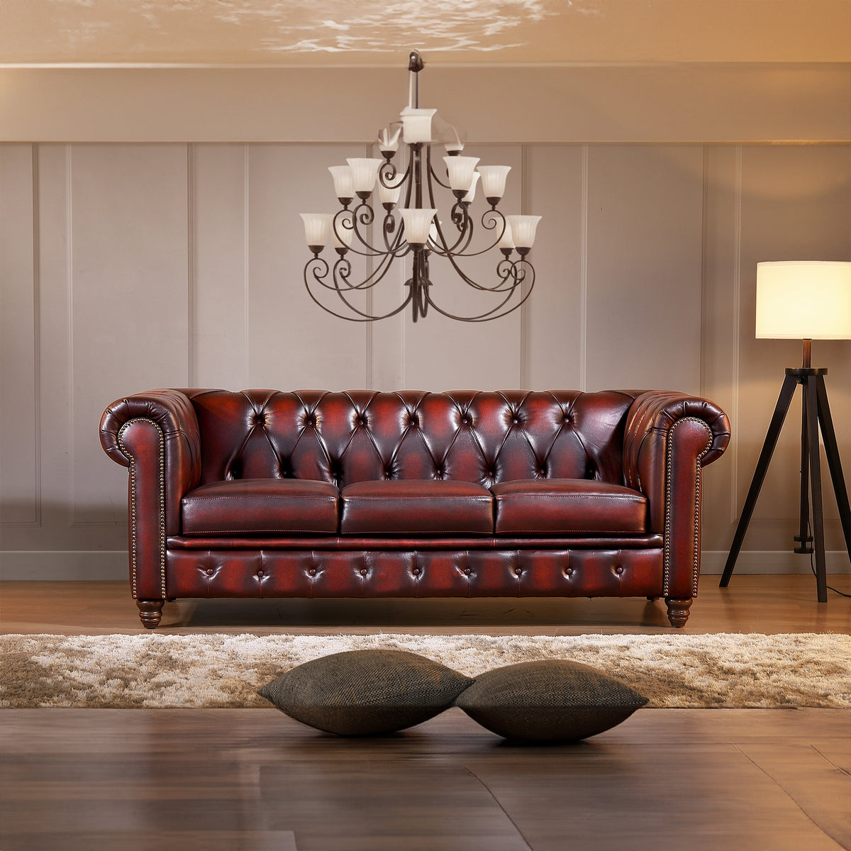 Max Chesterfield Leather Sofa 1+2+3 Sofa Set Antique Red