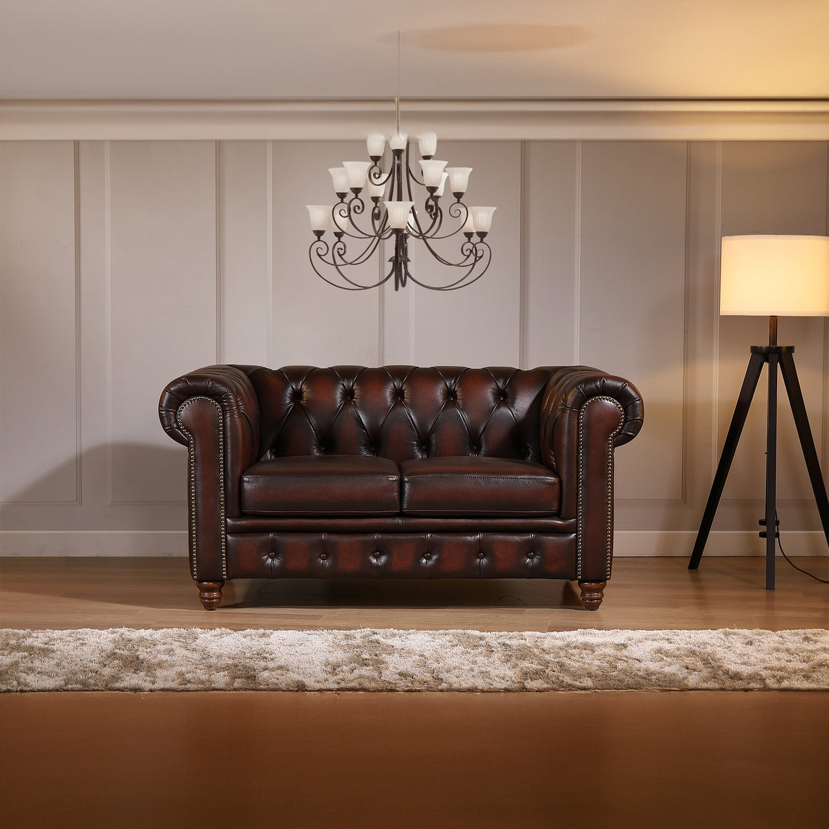 Max Chesterfield Leather Sofa 2 Seater Antique Brown