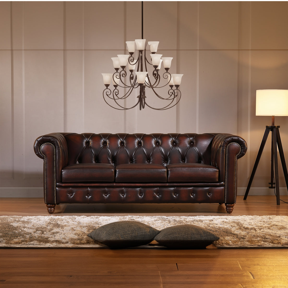 Max Chesterfield Leather Sofa 3 Seater Antique Brown