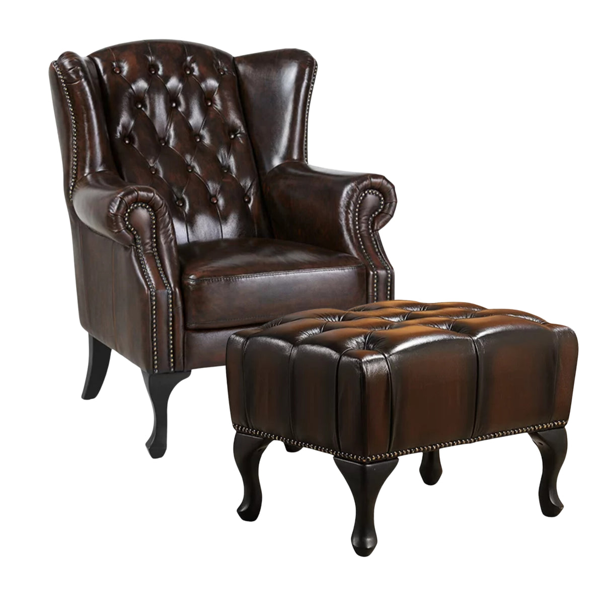 Max Chesterfield Leather Armchair Ottoman Wing Armchair + Ottoman Antique Brown