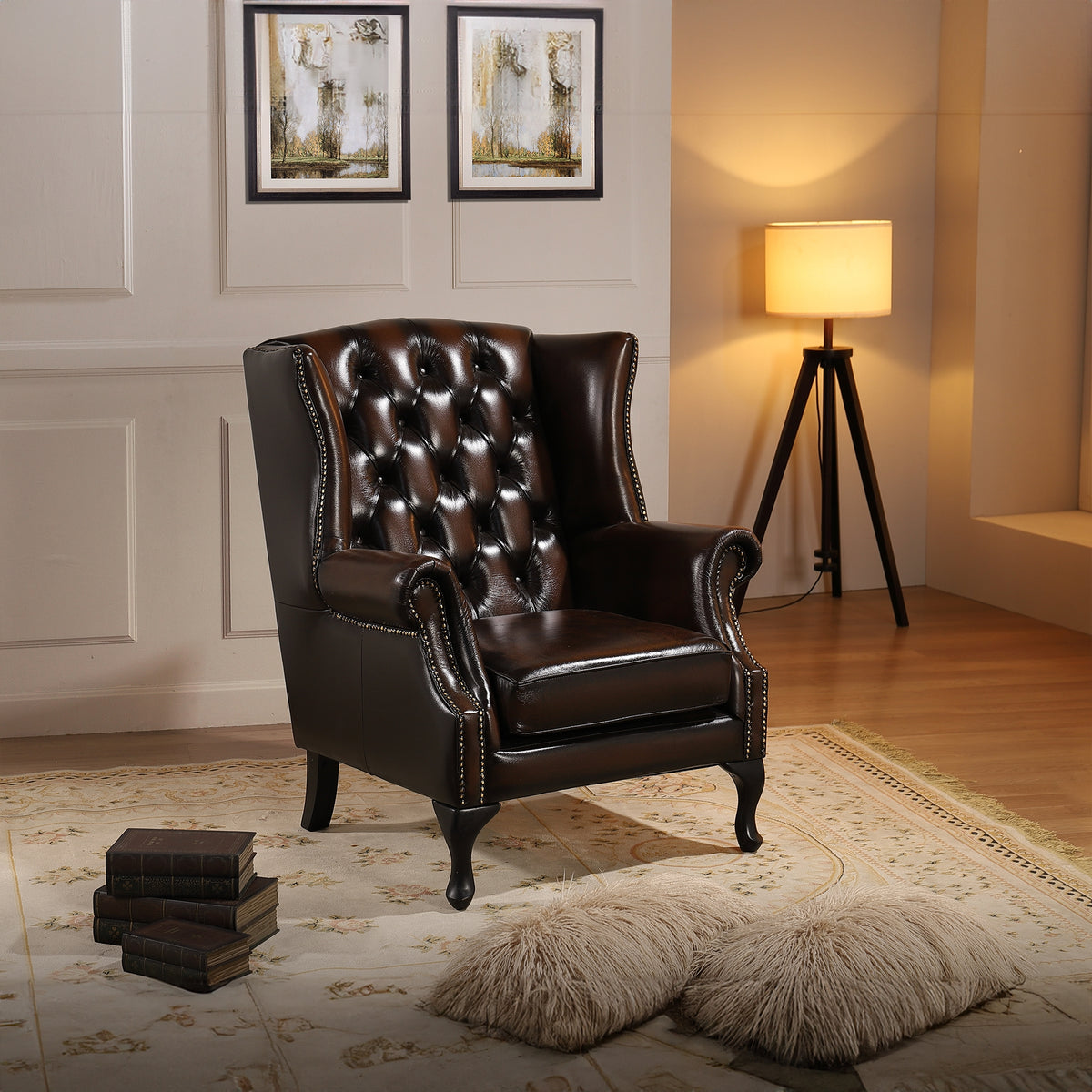 Max Chesterfield Leather Armchair Ottoman Wing Armchair Antique Brown