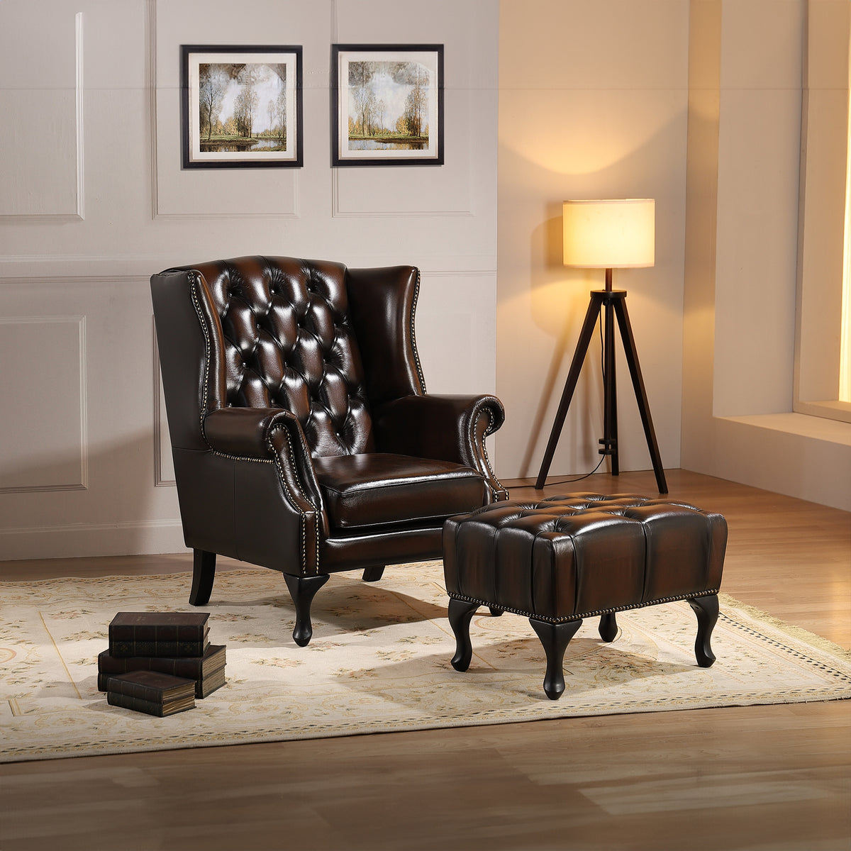 Max Chesterfield Leather Armchair Ottoman Wing Armchair Antique Brown