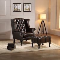 Max Chesterfield Leather Armchair Ottoman Wing Armchair Antique Brown