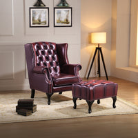 Max Chesterfield Leather Armchair Ottoman Wing Armchair Antique Red