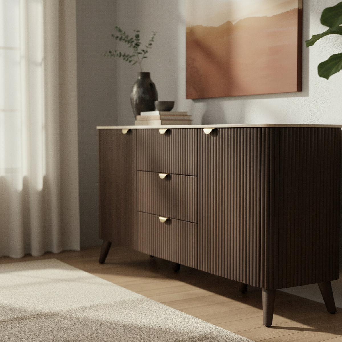 Milo 160cm Buffet Table Sintered Stone Travertine Top Walnut