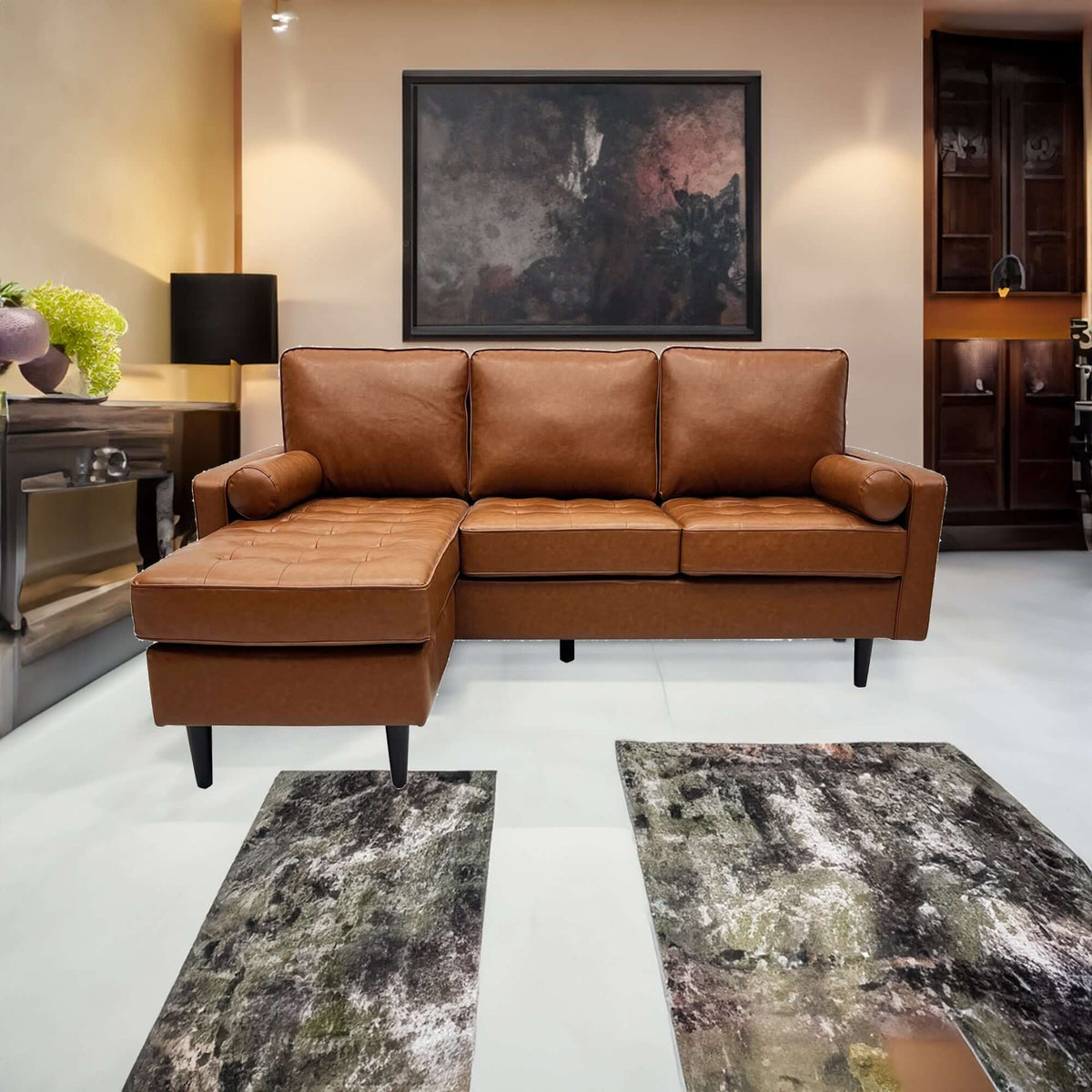 Stockholm 4 Seater Sofa LHF Chaise Premium Faux Leather Sofa Tan