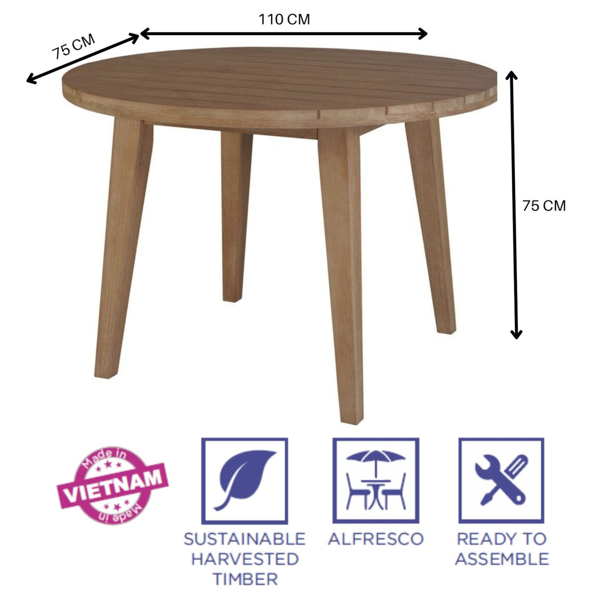 Stud 110cm Round Outdoor Patio Dining Table Eucalyptus Solid Timber Wood Frame