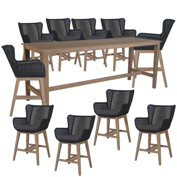 Stud 11pc Outdoor High Bar Dining Set 10pc Barstool Chair 240cm Timber Table