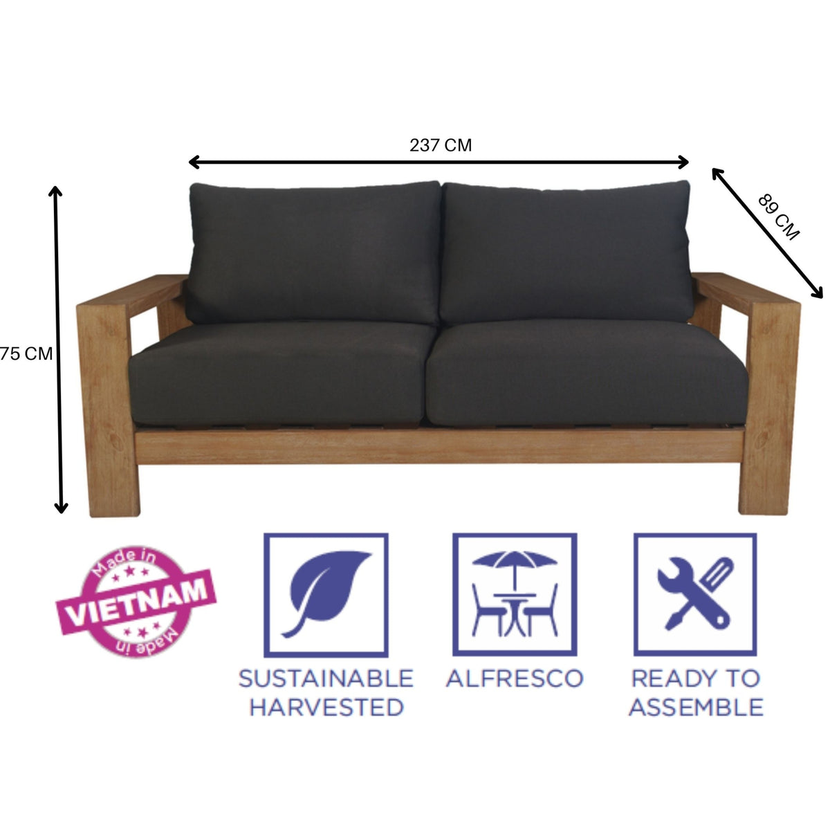 Stud 2 Seater Outdoor Patio Sofa Lounge Eucalyptus Solid Timber Wood Frame