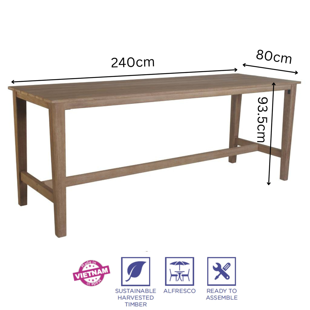 Stud 240cm Outdoor Patio High Dining Bar Table Eucalyptus Solid Timber Wood