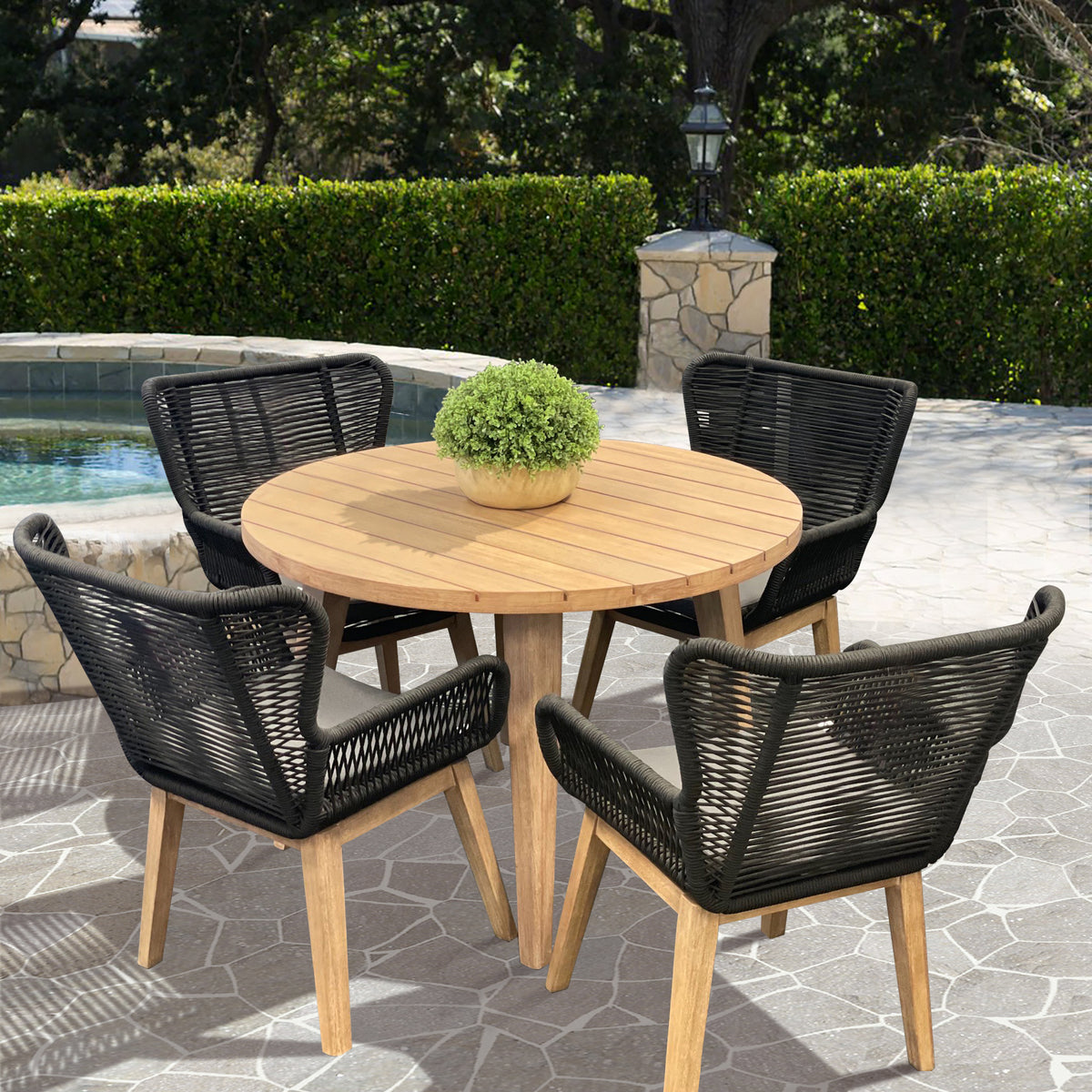 Stud Set of 2 Rope Outdoor Dining Chair with Solid Eucalyptus Timber Wood Frame