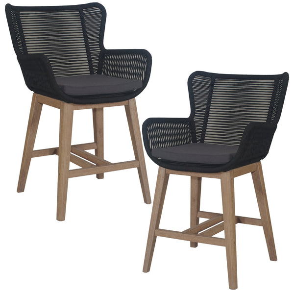 Stud Set of 2 Rope Outdoor Dining High Bar Chair Barstool with Timber Wood Frame