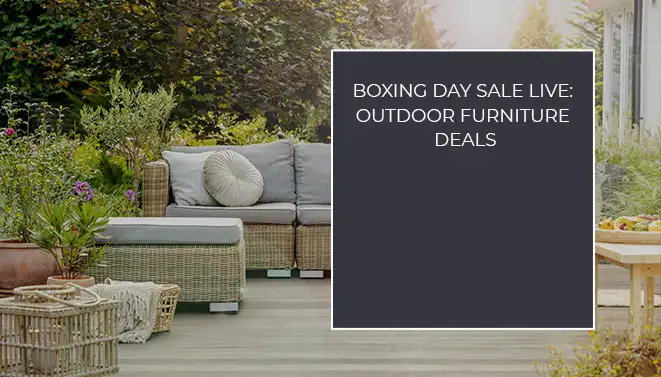 Outdoor furniture deals featuring a wicker sofa set and ottoman for a Boxing Day Sale