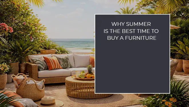 Outdoor wicker patio furniture set on a tropical beach front during summer.