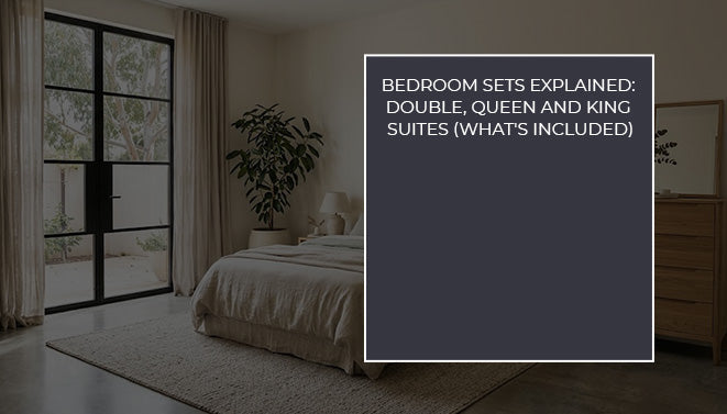 Modern bedroom with a neutral upholstered bed, soft bedding, bedside styling and natural light, illustrating bedroom furniture and suite options.