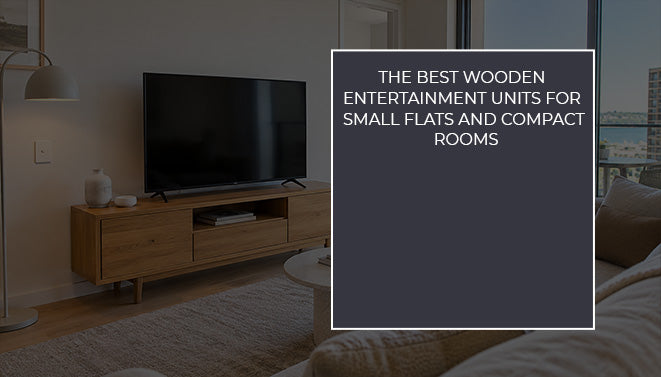 Compact wooden entertainment unit with television and storage in a modern small living room