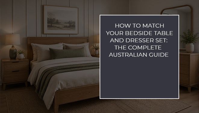 Modern timber bedroom furniture featuring a matching bedside table, dresser set, and bed in a contemporary Australian bedroom