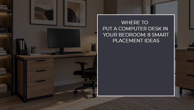 Modern computer desk positioned in a bedroom workspace with a chair and natural lighting