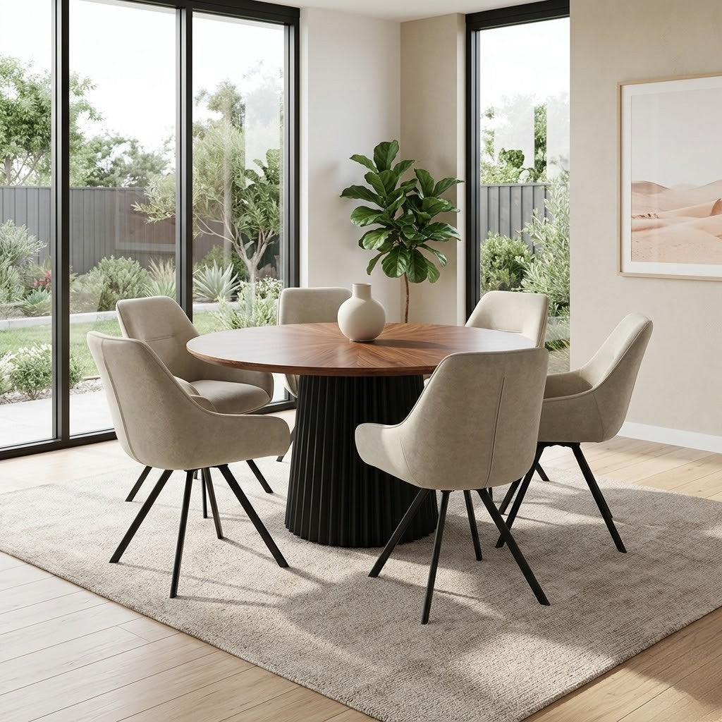 Henrik 7pc Set Round Dining Table Fabric Chair
