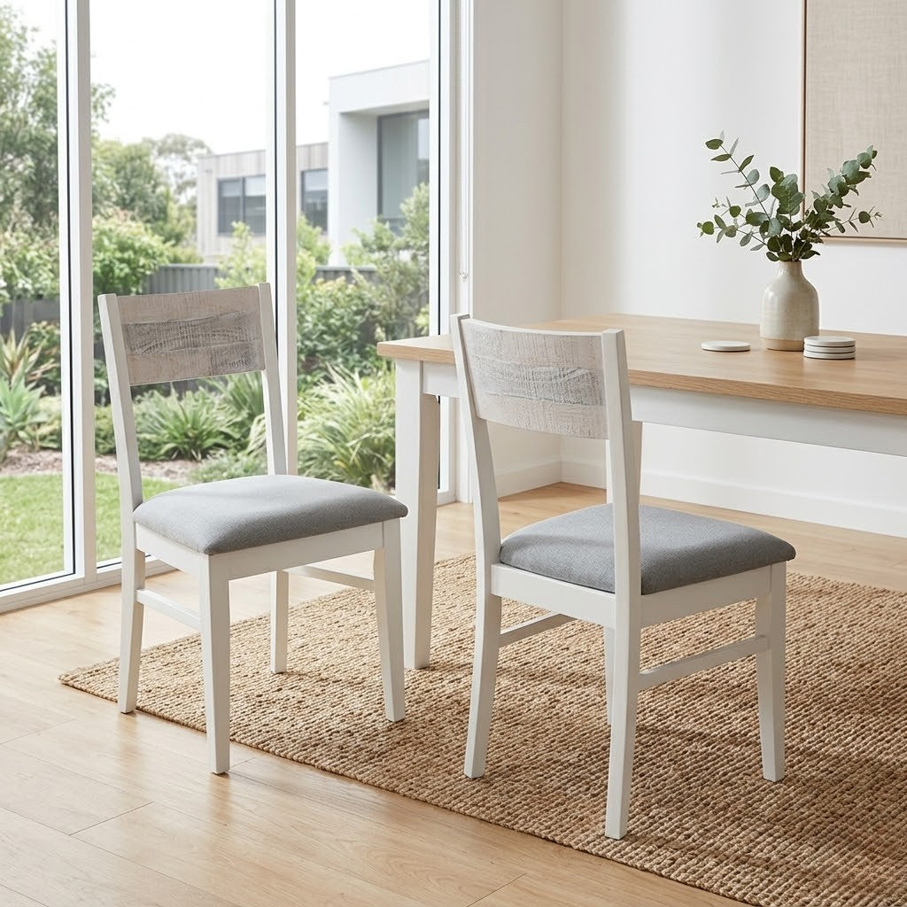 Maui 2pc Set Dining Chair Grey Fabric Seat White