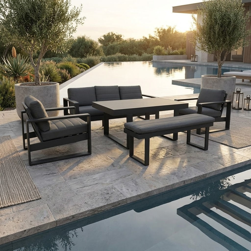 Santorini 5pc Outdoor Aluminium Lounge Chair Bench Coffee Table Set Charcoal