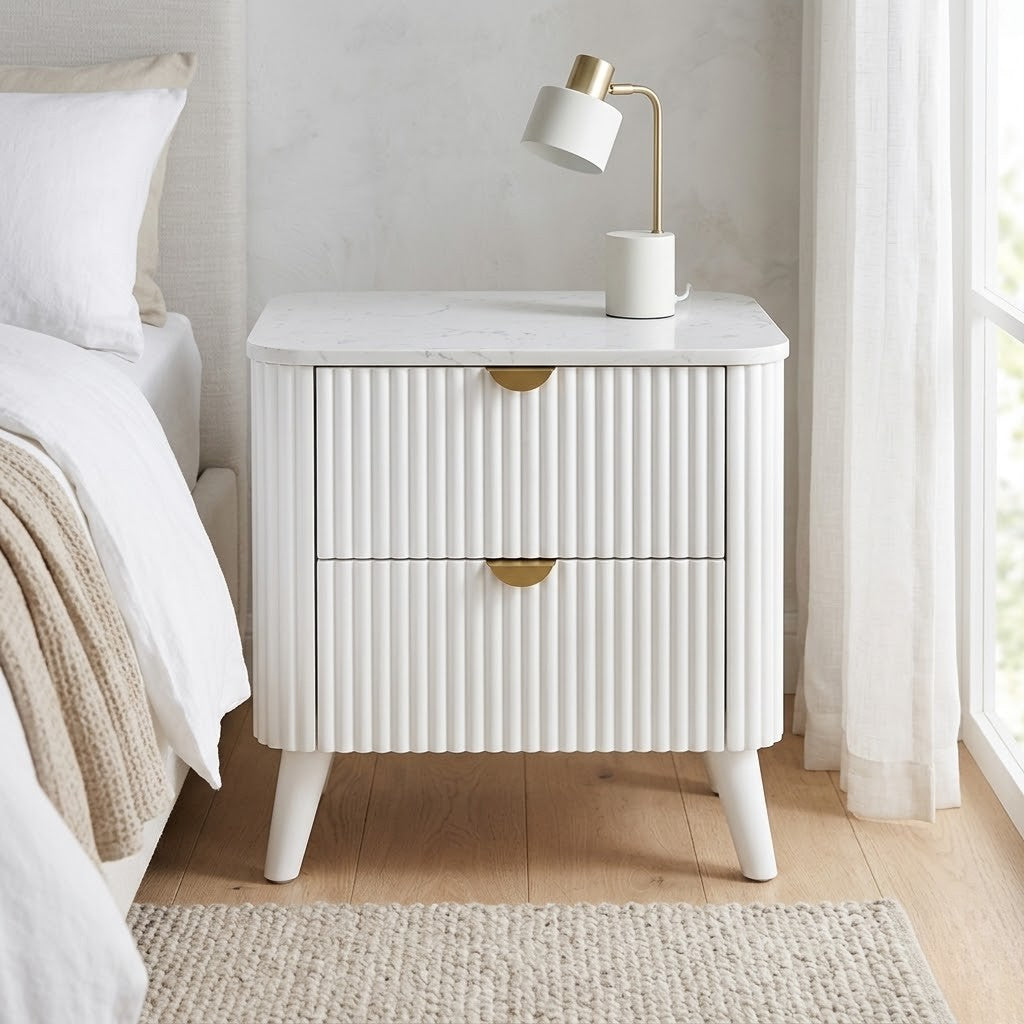 Milo Bedside Table 2 Drawer Sintered Stone Travertine Top White