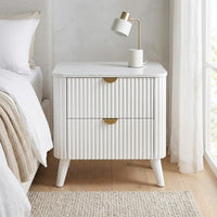 Milo Bedside Table 2 Drawer Sintered Stone Travertine Top White