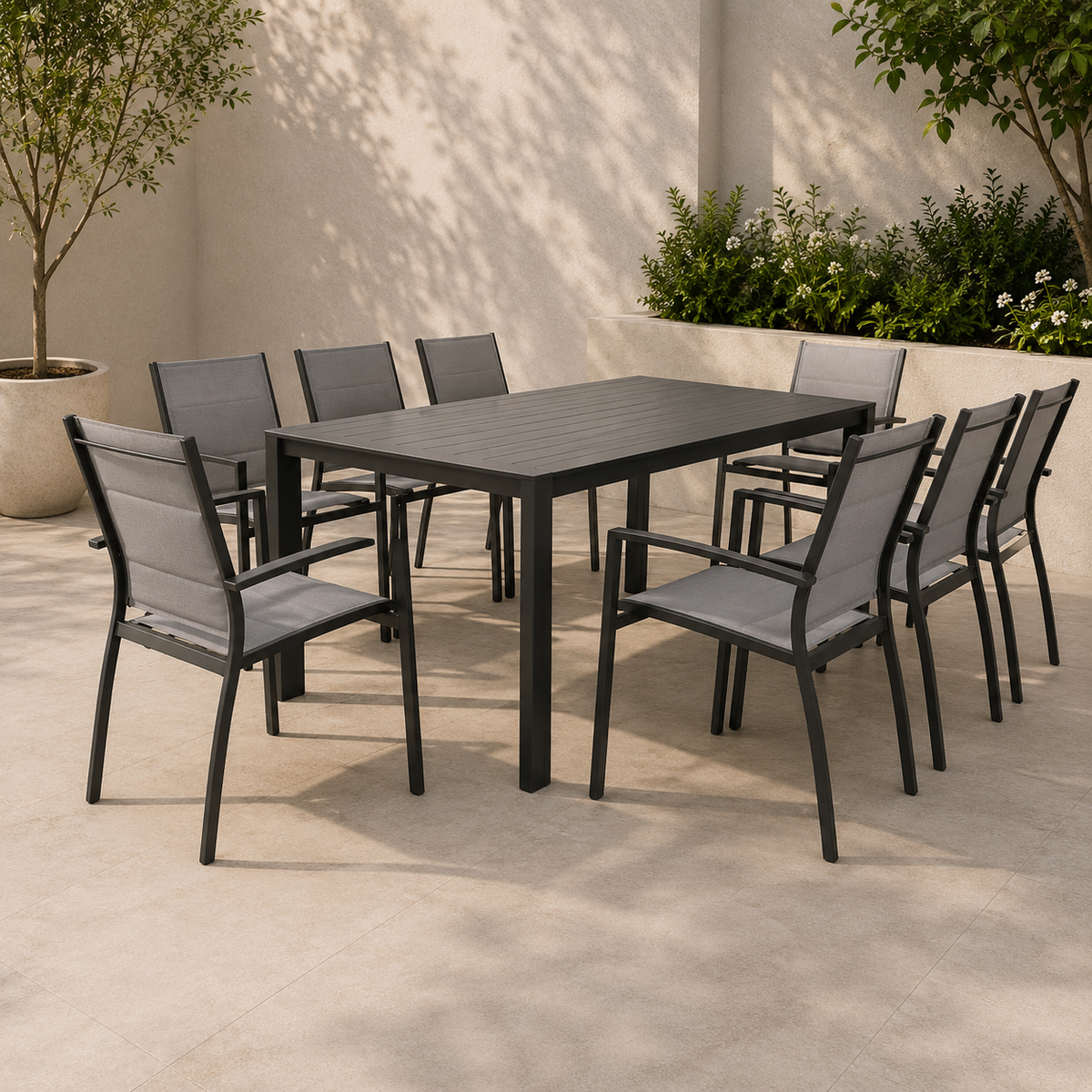 Danum 9pc Set Outdoor Dining Set 200cm Aluminium Table 8 Chair Charcoal Grey