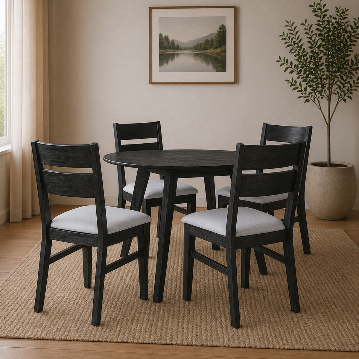 Ellen 5pc Dining Set 100cm Round Table 4 Chair Black