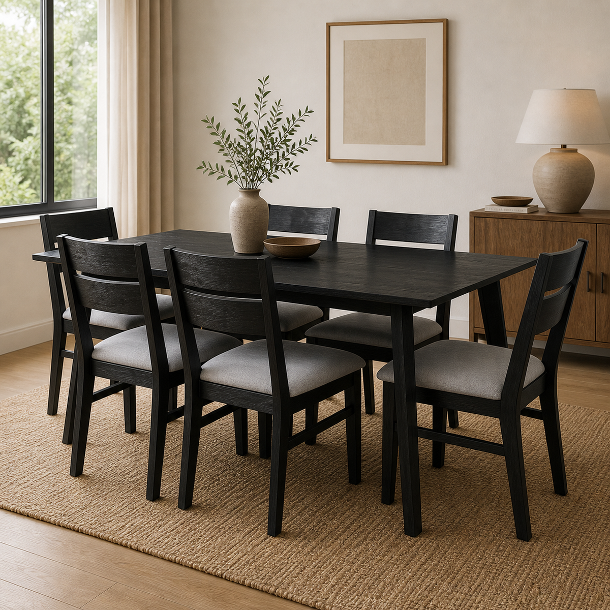 Ellen 7pc Dining Set 180cm Table 6 Chair Black