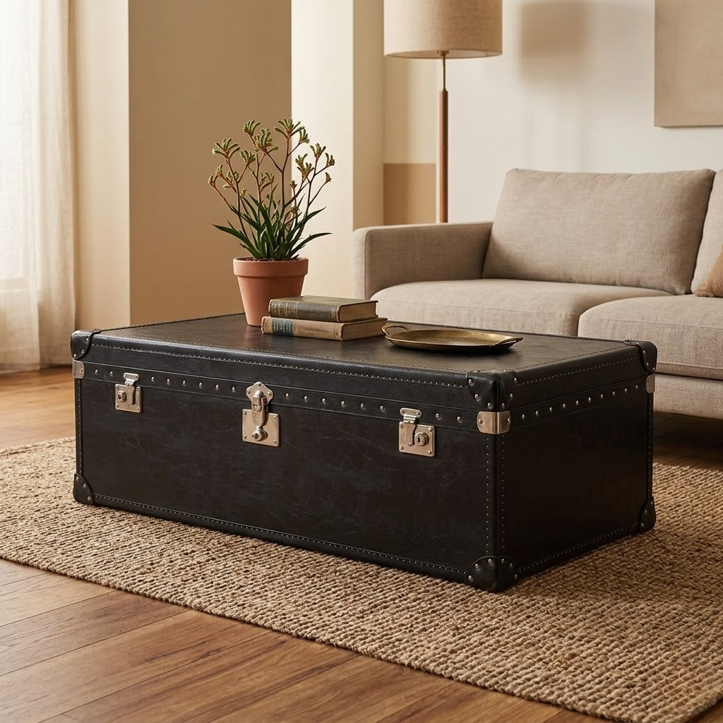 Cuba 122cm Leather Coffee Table with Storage Trunk Black