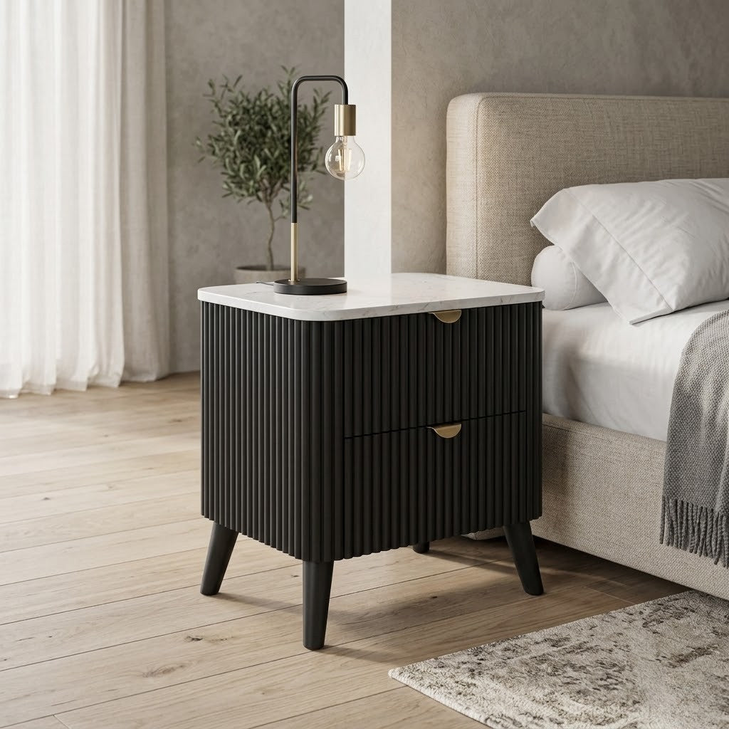 Milo Bedside Table 2 Drawer Sintered Stone Travertine Top Black