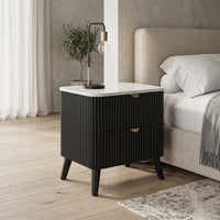 Milo Bedside Table 2 Drawer Sintered Stone Travertine Top Black