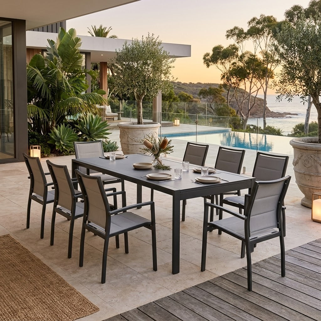 Oro 9pc Set Outdoor Dining Extension Aluminium Table 8 Chair Charcoal