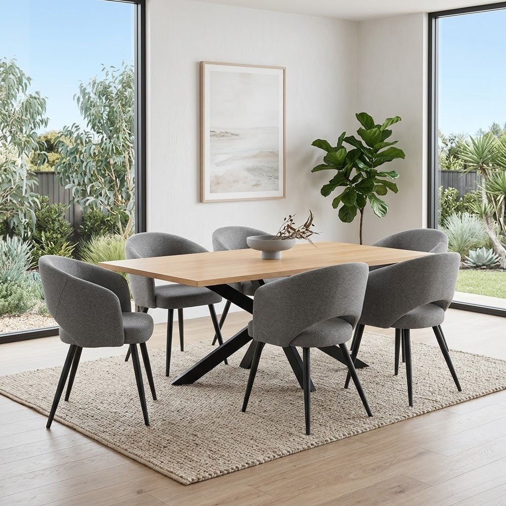 Barlo 7pc Dining Set 200cm Table 6 Grey Chair Natural