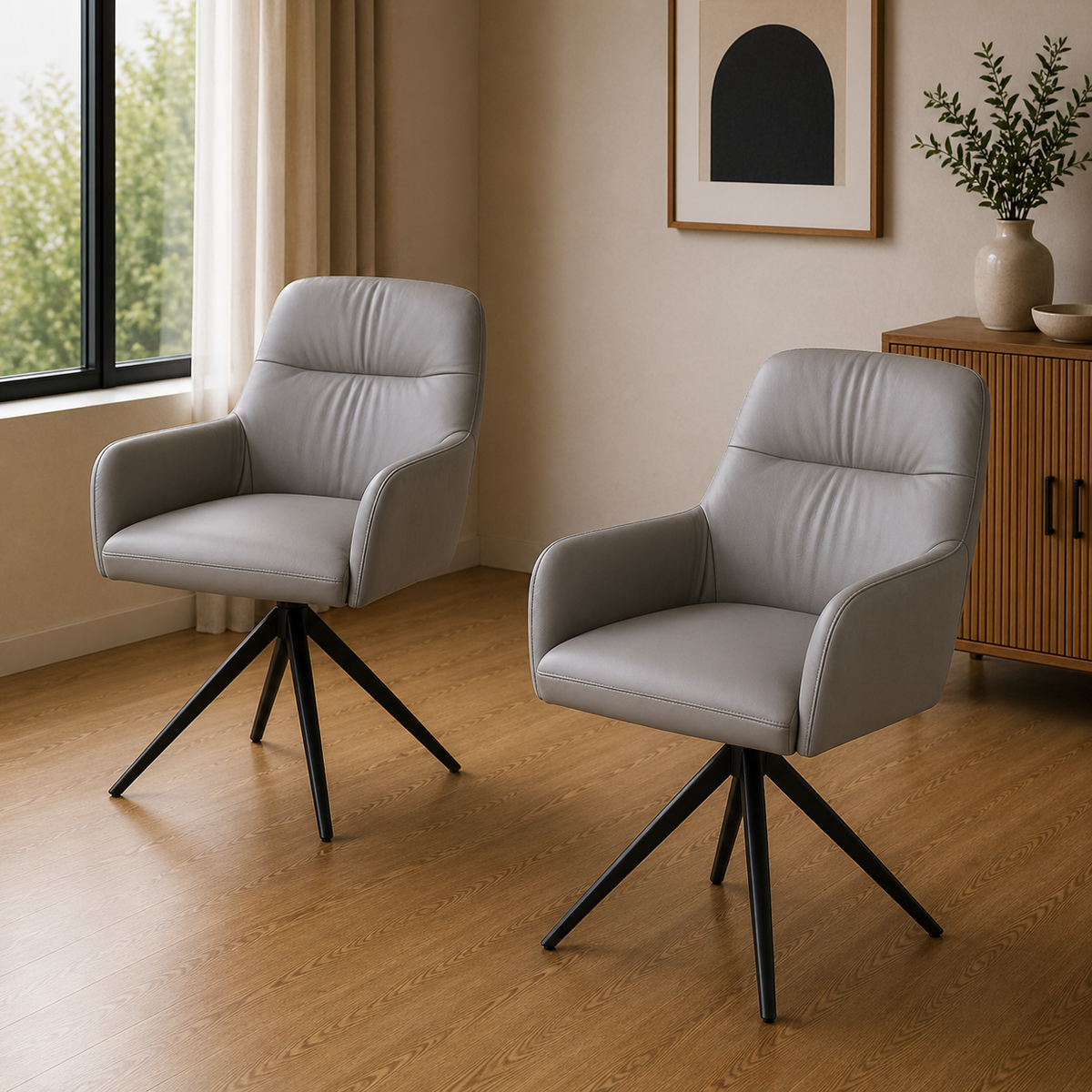 Kelvin 2pc Set Genuine Leather Swivel Arm Dining Chair Wheat Cream