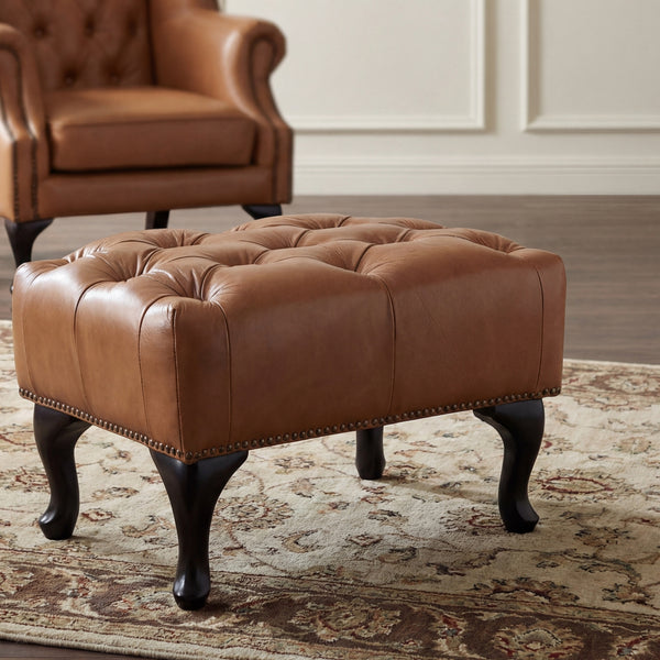 Alastair Ottoman Footstool Genuine Leather Tan